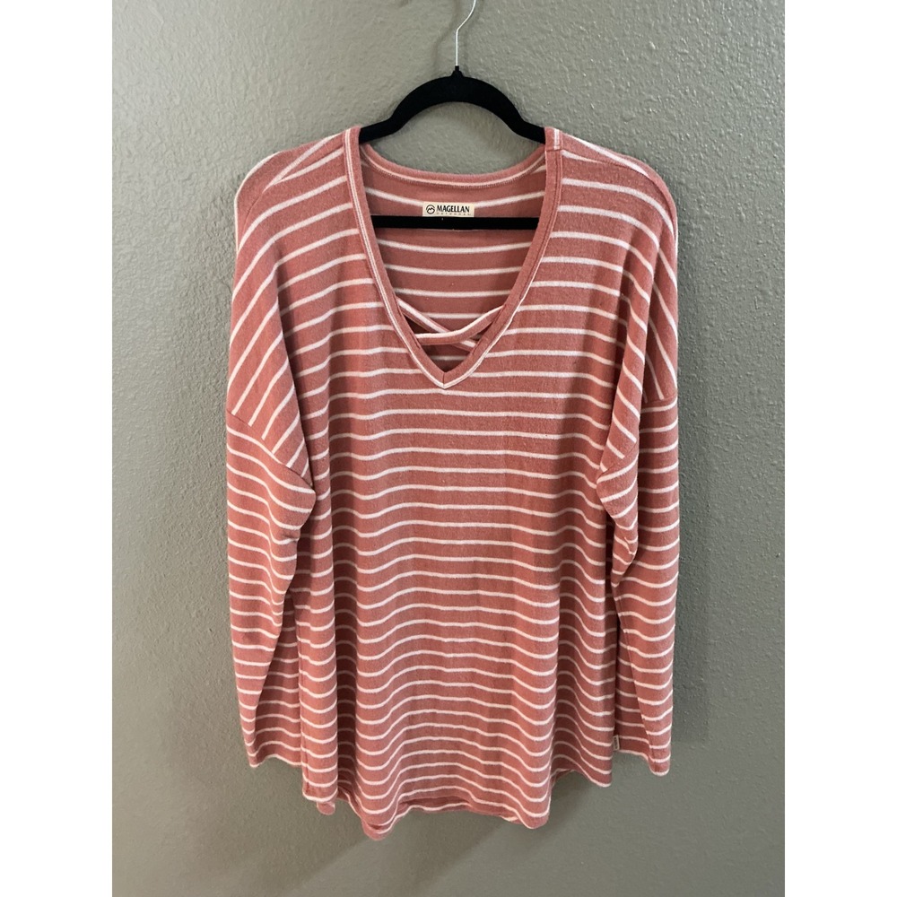 Magellan Outdoors Womens XXL Striped V-Neck Crisscross Top Pink White Boyfriend